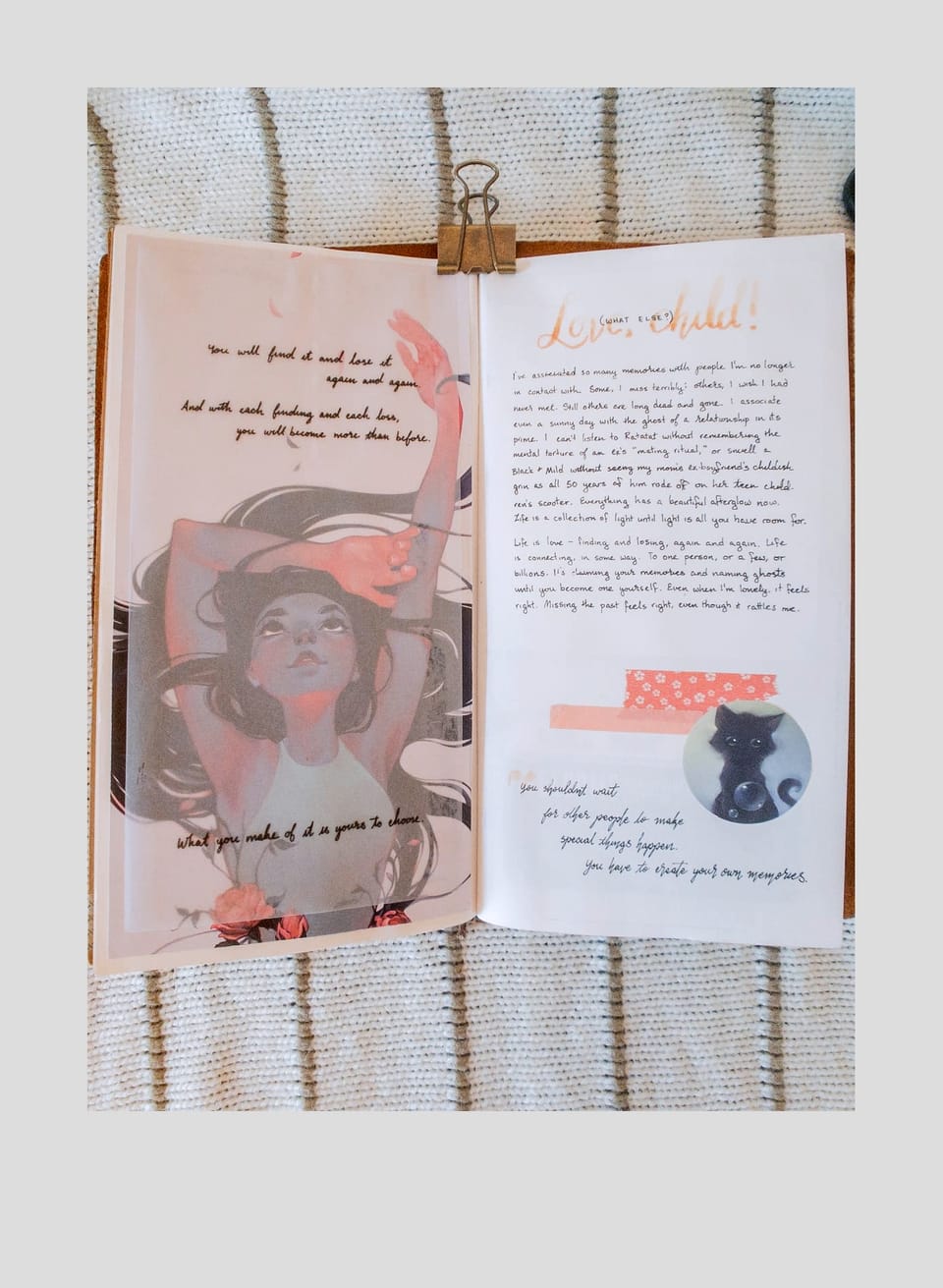 A collage spread from my Traveler's Notebook, using stickers, washi tape, transparent vellum, and artwork from Loish.